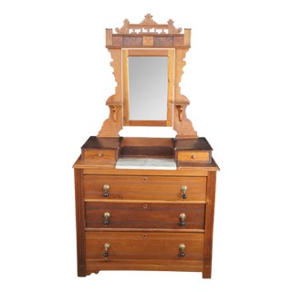Antique Victorian Eastlake Walnut Marble Top Dresser Glove Box Shaving Mirror For Sale