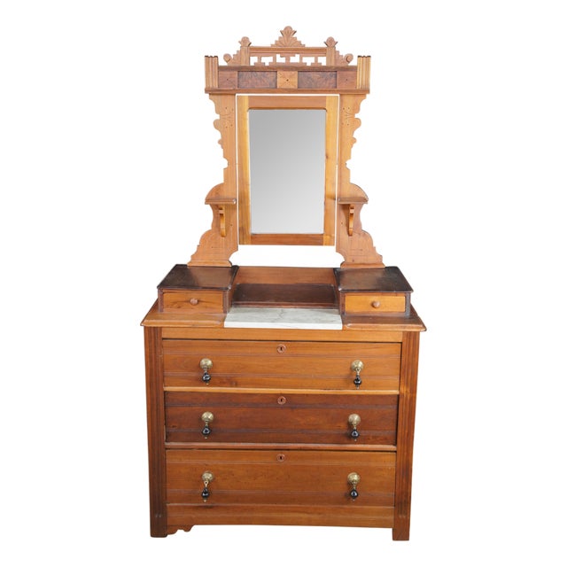 Antique Victorian Eastlake Walnut Marble Top Dresser Glove Box Shaving Mirror For Sale