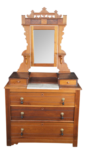 Antique Victorian Eastlake Walnut Marble Top Dresser Glove Box Shaving Mirror