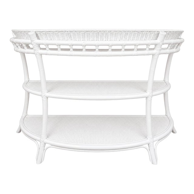 Vintage 3-Tier Rattan Demi-Lune Console Table For Sale