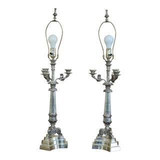 Currey & Co Silver Plated Bronze Candelabra Lamps - a Pair For Sale