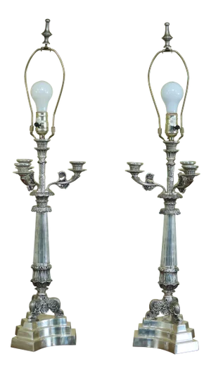 Currey & Co Silver Plated Bronze Candelabra Lamps - a Pair