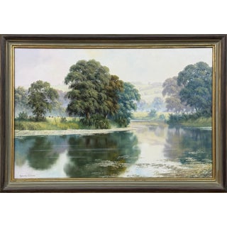 Peaceful Misty Riverside in the English Countryside with Cows & Tree Reflections Circa 1990 For Sale