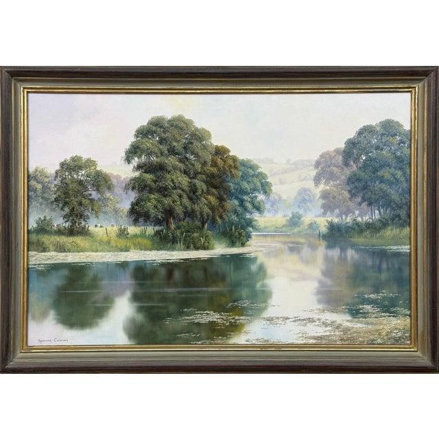 Peaceful Misty Riverside in the English Countryside with Cows & Tree Reflections Circa 1990 For Sale