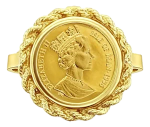 Elizabeth II Isle of Man Gold Coin Rope Ring 14k Yellow Gold, Size 6