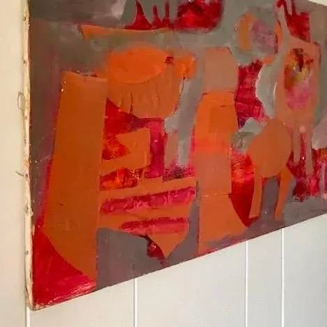 Textile Vintage Abstract Expressionist Orange & Red Mixed Media Painting For Sale - Image 7 of 10