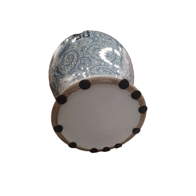 Mid 20th Century Vintage Blue and White Double Happiness Floral Porcelain Temple Jar For Sale In West Palm - Image 6 of 11