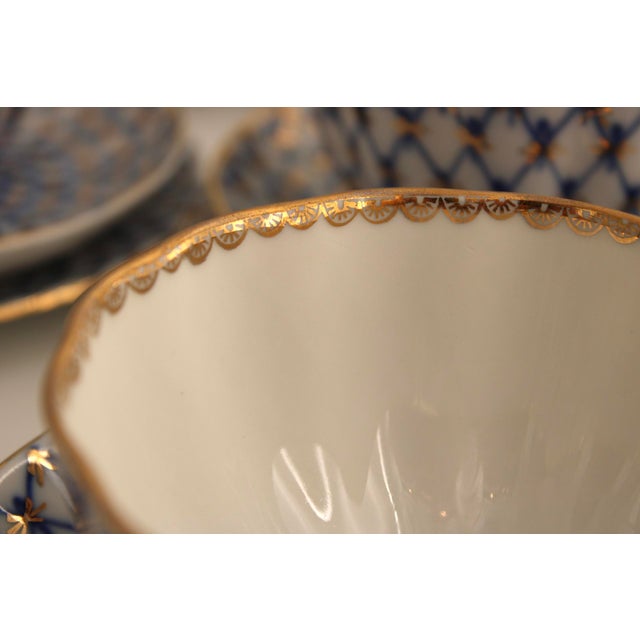 1980s Lomonosov Imperial Cobalt Net Porcelain Tea Set 30 Pcs, 10 Trios For Sale - Image 11 of 14