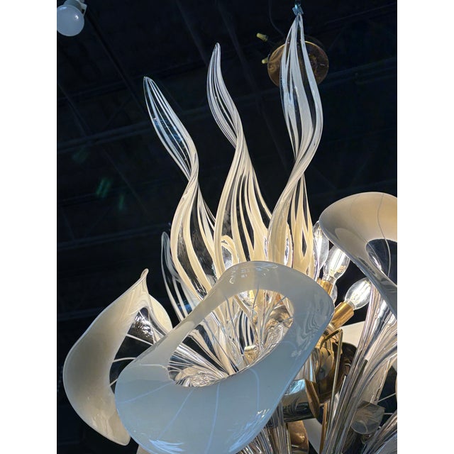 Art Deco Vintage Mazzega Murano Italian Glass Calla Lily & Leaves 8 Light Chandelier For Sale - Image 3 of 12