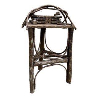 Antique 19th Century Adirondack Bentwood Twig Table With Tramp Art Log Cabin Box. For Sale