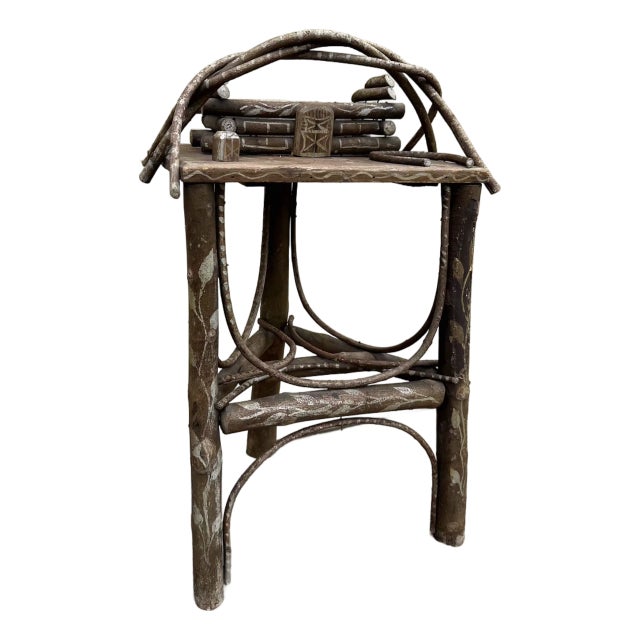 Antique 19th Century Adirondack Bentwood Twig Table With Tramp Art Log Cabin Box. For Sale