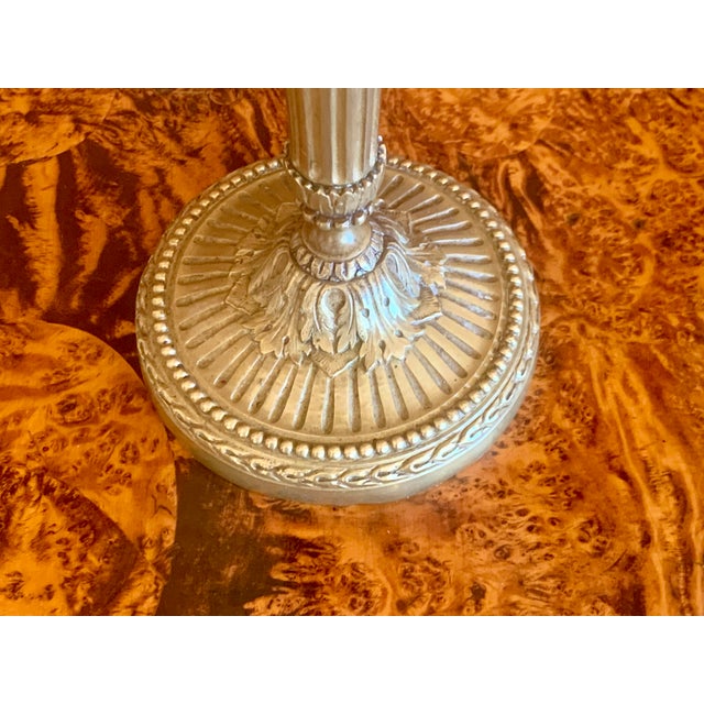 Brass Pair of Louis XVI Period Candlestick Lamps With Marbleized Shades For Sale - Image 8 of 15