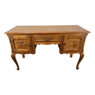 Vintage French Louis XVI Style Carved Oak Desk For Sale