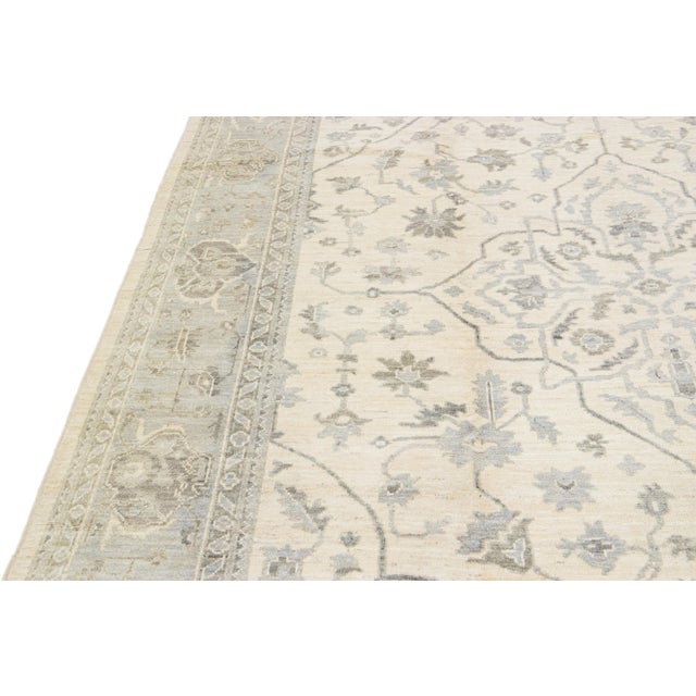 Modern Oushak Handmade Medallion Motif Beige Wool Rug For Sale - Image 12 of 13