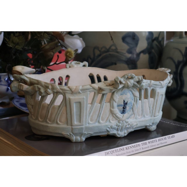 Antique 1800's French Toul-Bellevue j.a. Blue & Ivory Pierced Faience Centerpiece Basket For Sale - Image 4 of 18