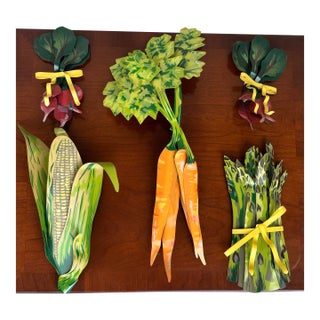 Signed Young ’92 Layered Metal Garden Vegetable Wall Sculptures – Set of 5 Hand-Painted Folk Art Pieces For Sale