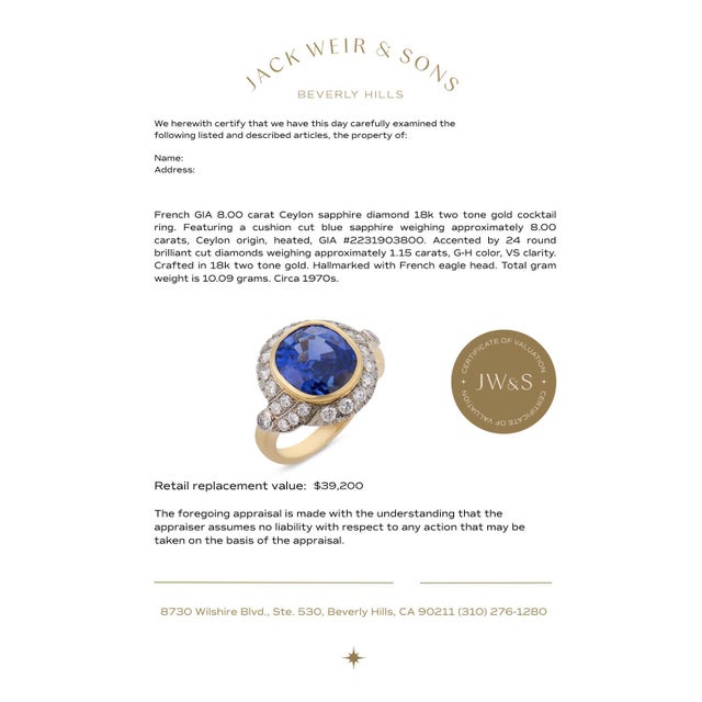 Blue 1970s French Gia 8.00 Carat Ceylon Sapphire Diamond 18k Two Tone Gold Cocktail Ring, Size 8.25 For Sale - Image 8 of 8