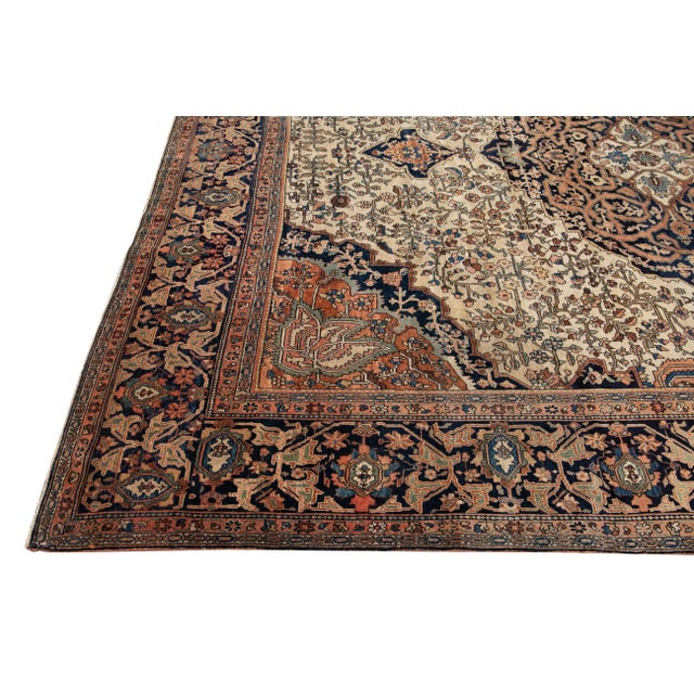 Antique Beige Sarouk Farahan Persian Handmade Wool Rug For Sale - Image 4 of 13