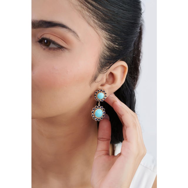 Not Yet Made - Made To Order VRJewels 20.43ct Turquoise Sapphire 14k Yellow Gold Floral Navajo Drop Earrings- A Pair For Sale - Image 5 of 18