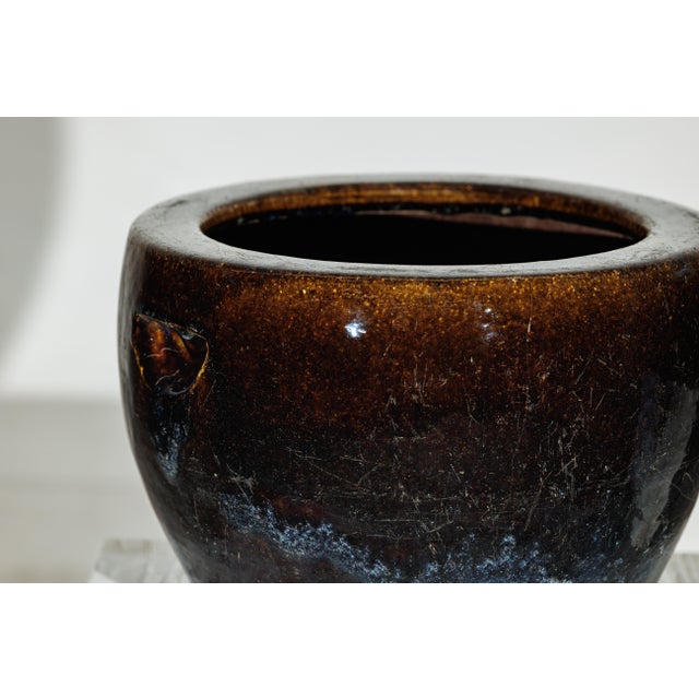 Ceramic Vintage Brown and Blue Glazed Chinese Stoneware Planter with Rounded Lip For Sale - Image 7 of 18