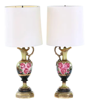 Early 20th Century Gilt Porcelain Pair Table Lamps