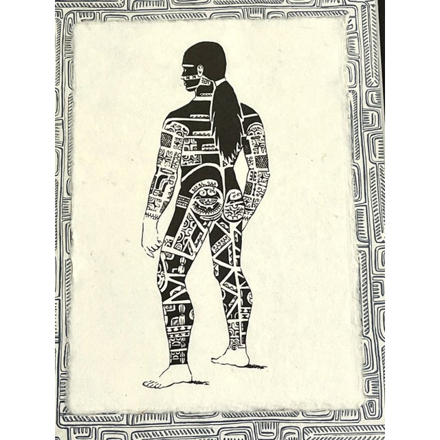 Wood Vintage Keith Haring Style Tribal Tattoo Art Lithograph on Tapa Cloth For Sale - Image 7 of 12