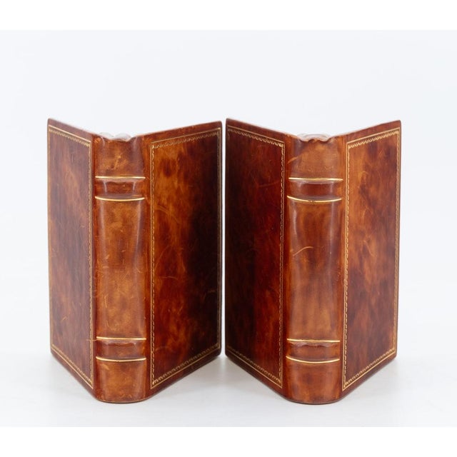Brown Vintage Asprey & Co Leather And Gilt Bookends Modelled As Open Books, Set of 2 For Sale - Image 8 of 12
