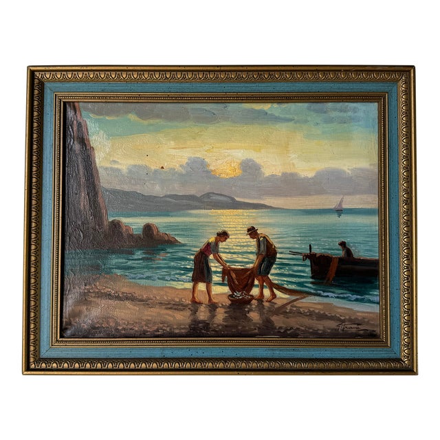 1960's Vintage Mediterranean Coastal Fisherman Oil Painting, Signed For Sale