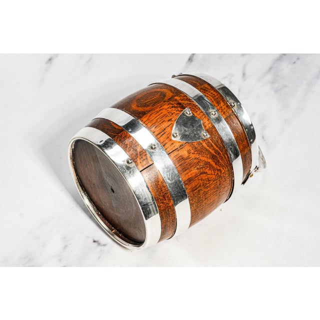 Charming Antique English Silverplate Dark Oak Biscuit Jar With Porcelain Lining Shield Home Decor For Sale - Image 11 of 12