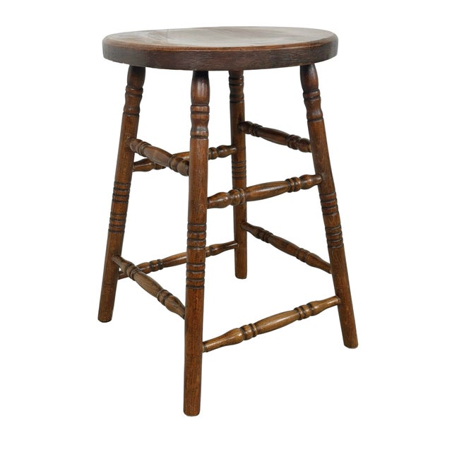 Antique Country Round Wooden Stool With Turned Legs and Stretchers For Sale - Image 16 of 18
