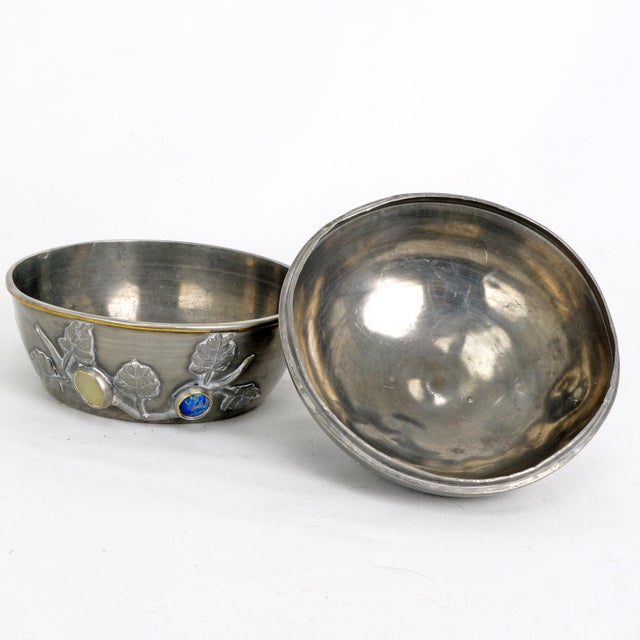 Metal Antique Chinese Pewter Jeweled Lidded Bowl With Gemstones Republic Period For Sale - Image 7 of 13