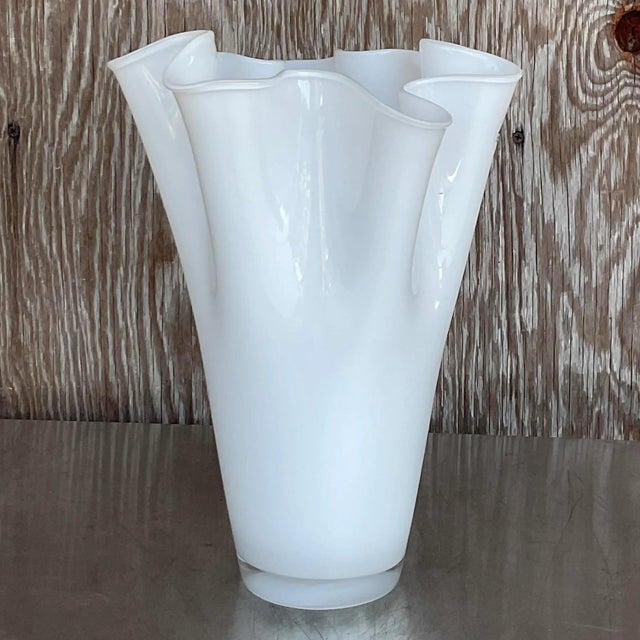 Vintage Pleated White Glass Vase For Sale - Image 9 of 11