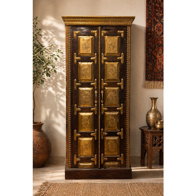 Brown Vintage Brass-Inlay Wooden Cabinet, 1950s For Sale - Image 8 of 9