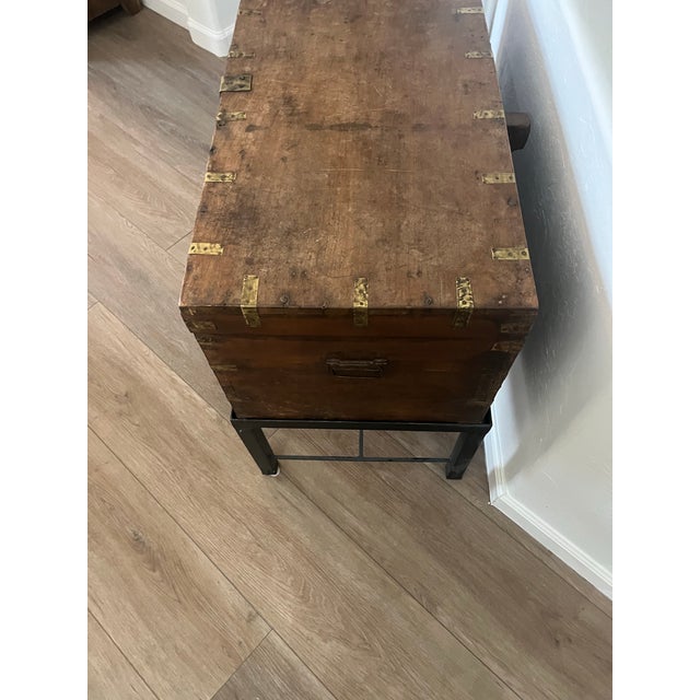 Brown Antique Wooden Storage Chest on Metal Stand For Sale - Image 8 of 12