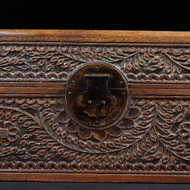 Brown Vintage Chinese Huali Rosewood Box | Carved Floral Motif Storage Chest For Sale - Image 8 of 9