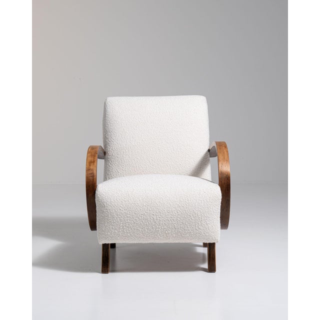 20th Century Czech Republic Warm Ivory Boucle Bentwood-Arm Lounge Chair For Sale - Image 4 of 11