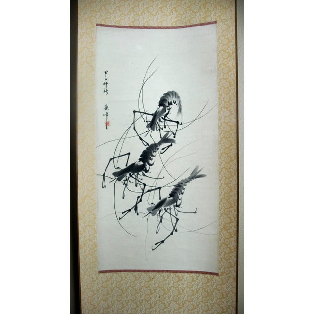 Chinese scroll of shrimps by Lian Wei, ink on paper mounted on a white and gold paper brocade with shou characters, signed...