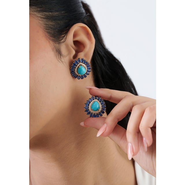 Art Deco 17ct Turquoise & Blue Sapphire Statement Earrings With Diamonds in 14k Gold- A Pair For Sale In New York - Image 6 of 17