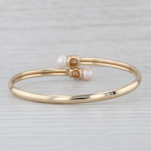 Metal Cultured Pearl Diamond Bypass Bangle Bracelet 14k Yellow Gold 6.5" For Sale - Image 7 of 8
