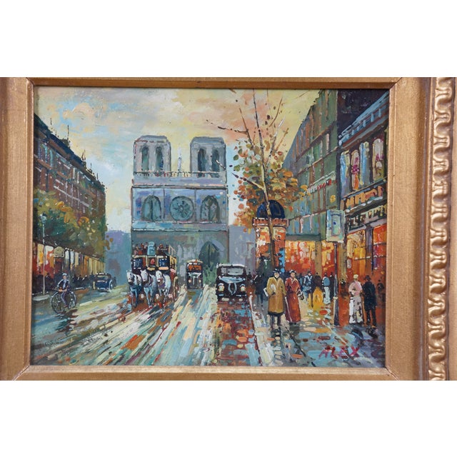 Wood Impressionist Paris Cityscape Oil on Board Painting Notre Dame Baroque Frame 20" For Sale - Image 7 of 10
