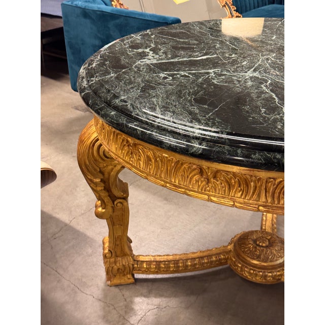 Early 20th Century French Louis XV Style 23 K Gold Carved Wood Center Table + Marble Top For Sale - Image 5 of 12