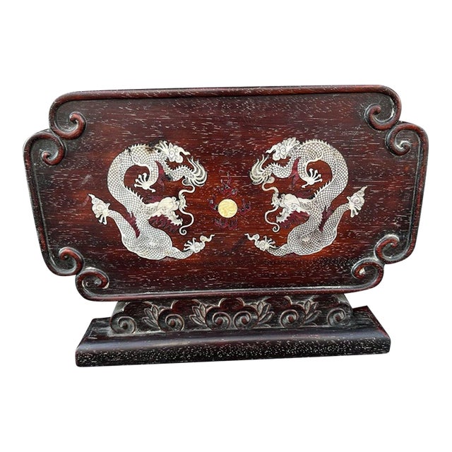 Vintage Chinese Zitan Wood Table Screen With Mother of Pearl "Two Dragons" Inlay For Sale
