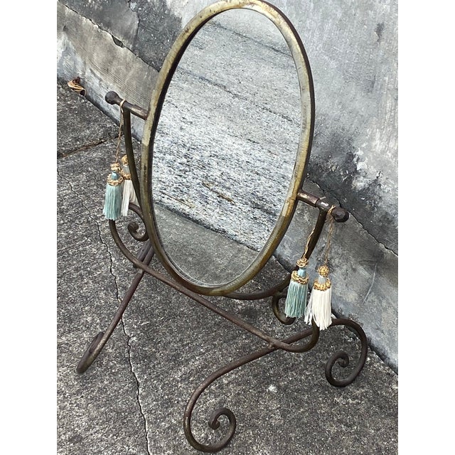 1970s Brutalist Mirror. Large Forged Wrought Iron Oval Vanity Mirror For Sale - Image 5 of 11