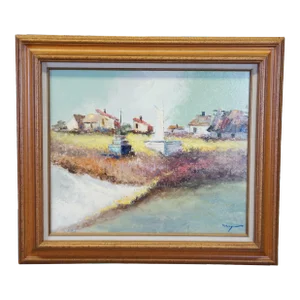 Mid 20th Century Joseph Nagy Impressionist Nautical Sailboat Boat Landscape Oil Painting, Framed