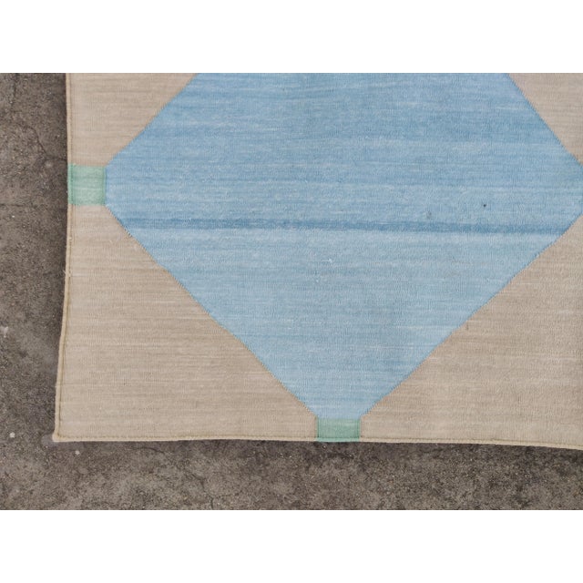 Handmade Cotton Area Rug Natural Vegetable Dyed Reversible Beige Blue Tile Pattern Rug - 10'x14' For Sale - Image 10 of 11