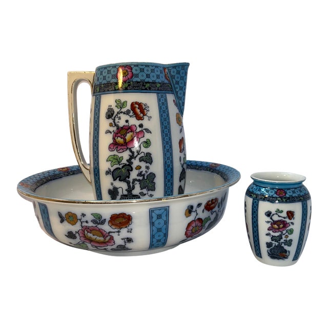 Antique English Keeling & Co. Luxe Ware Wash Set – Pitcher, Basin & Jar, Turquoise Floral Transferware, Burslem For Sale