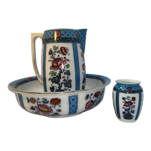 Antique English Keeling & Co. Luxe Ware Wash Set – Pitcher, Basin & Jar, Turquoise Floral Transferware, Burslem