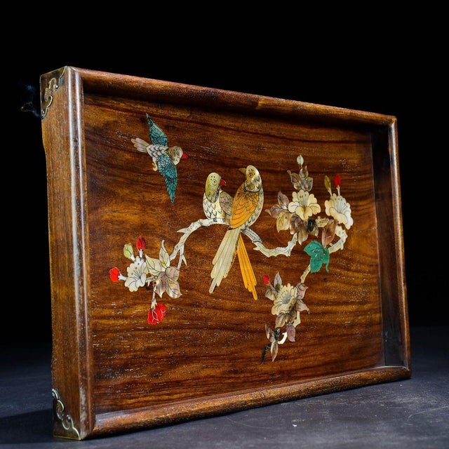 Late 20th Century Vintage Huanghuali Wood Tray With Mother-of-Pearl Bird & Flower Inlay For Sale - Image 5 of 9