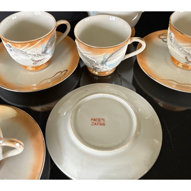 Dragon Tea Set Lusterware Made in Japan, Teapot With 6 Cups and Saucers, Hand Painted For Sale - Image 10 of 11