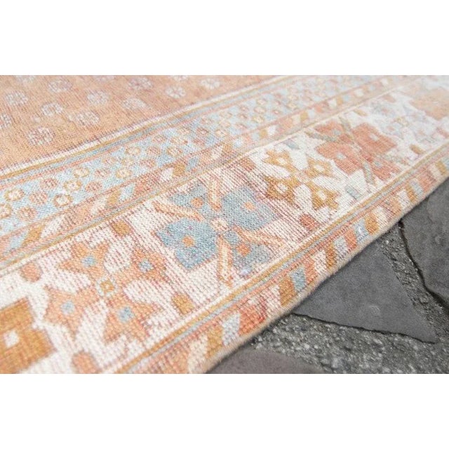 1940s Vintage Medallion Geometric Floral Apricot & Blue Hand-Knotted Rug- 4’2” x 5’4” For Sale - Image 9 of 11
